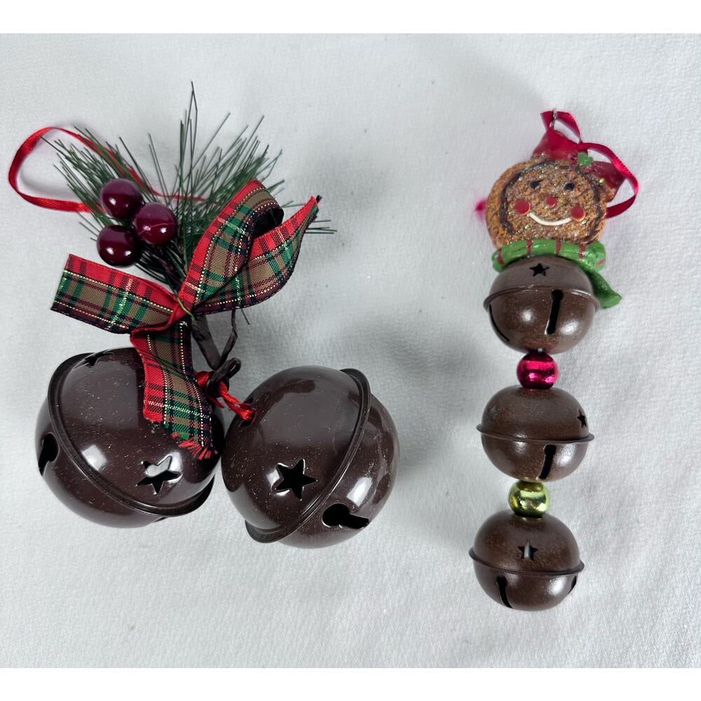 Lot of 2 jingle bell ornaments 1 w/ two bells & Holly 1 w/ gingerbread & 3 bells